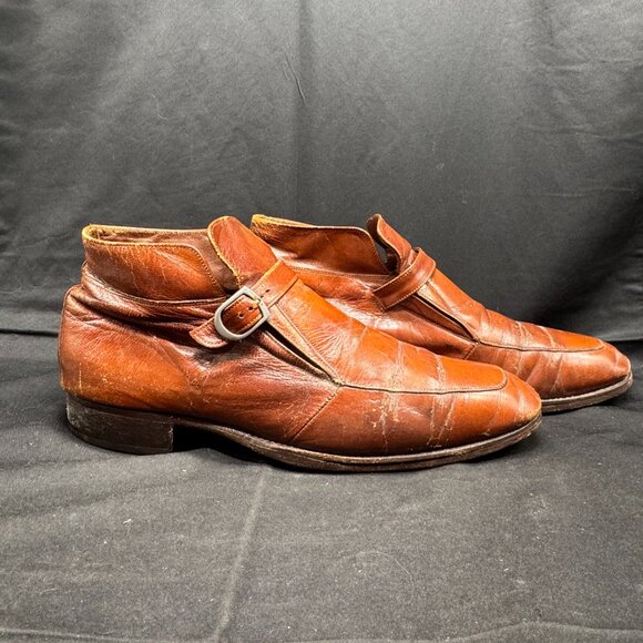 Vintage 1970\'s Florsheim Imperial 9.5 C Leather Brown Beetle Strap Ankle Boots